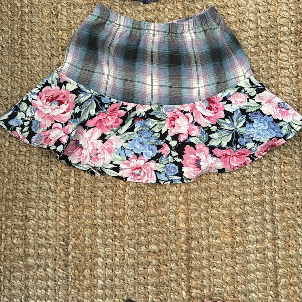 FURST OF A KIND PLAID FLORAL FLANNEL RECONSTRUCTED VINTAGE HIGH WAIST SKIRT